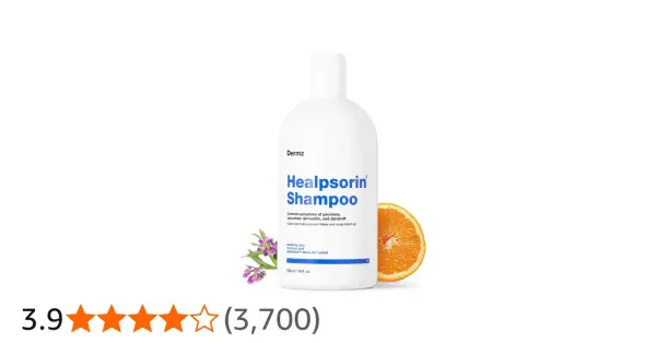 Biała butelka szamponu Healpsorin z pomarańczą i kwiatami. Produkt kontroluje objawy łuszczycy i łupieżu.