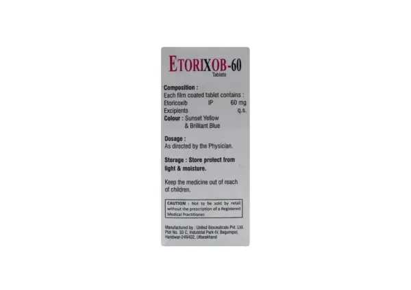 Opakowanie leku Etorixob-60, zawierającego 60 mg etoricoxibu. Przechowywać z dala od światła i wilgoci.