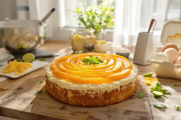 Gâteau sans farine de blé, décoré de rondelles de pêche disposées en spirale et d'une touche de menthe. Des ingrédients comme des œufs et des citrons verts sont visibles sur la table.
