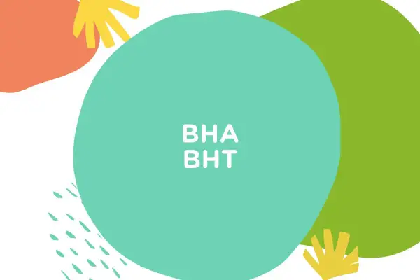 Kolorowe kształty i tekst "BHA BHT" na tle. Składniki kosmetyków, które warto znać.