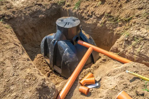 Instalacja szamba w wykopie. Pomarańczowe rury drenarskie i przyłącza czekają na montaż. Trwa praca nad tym, na jakiej głębokości drenaż odwadniający będzie skuteczny.