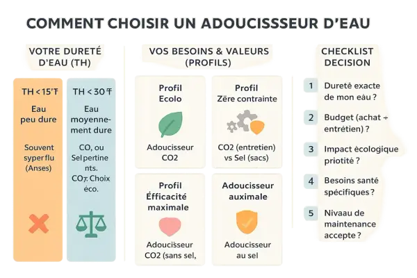 Guide pour choisir quel adoucisseur d'eau pour 4 personnes : dureté de l'eau, profils (écolo, zéro contrainte, efficacité max, maximal), et checklist décision.