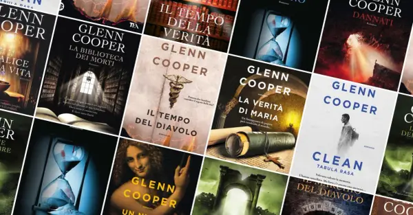 Copertine di libri di Glenn Cooper in ordine cronologico: "La biblioteca dei morti", "Il tempo del diavolo", "La verità di Maria", "Clean Tabula Rasa", "Dannati".