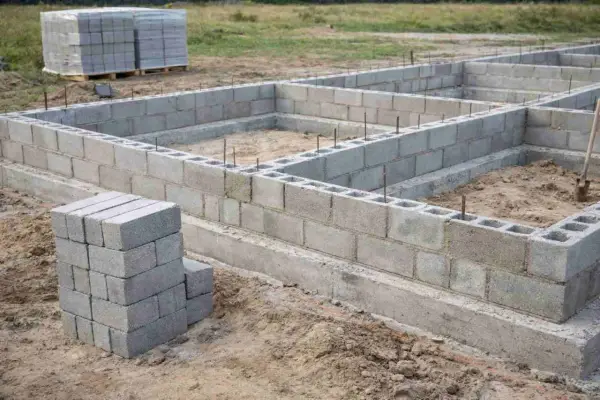 Fundament domu z pustaków betonowych. Różne rodzaje betonu i materiałów budowlanych na placu budowy.