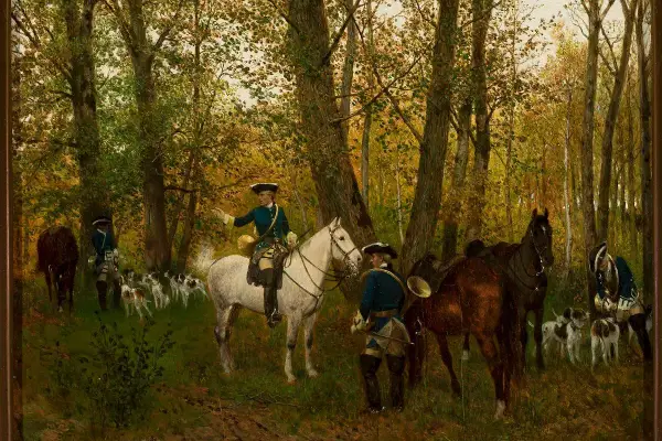 Myśliwi w barwnych strojach, psy gończe i konie w jesiennym lesie. Dzieła Aleksandra Gierymskiego często przedstawiają sceny historyczne.