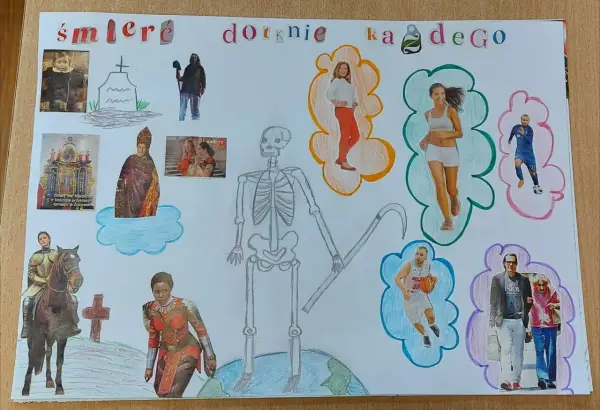 Szkielet z kosą, symbol danse macabre, otoczony ludźmi w różnym wieku i zawodach, od rycerza po sportowców i starszą parę.
