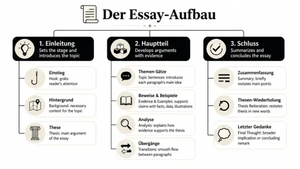 Schema zum Aufbau eines Essays: Einleitung, Hauptteil mit Analyse, Schluss. Hilft beim Analyse schreiben Englisch.