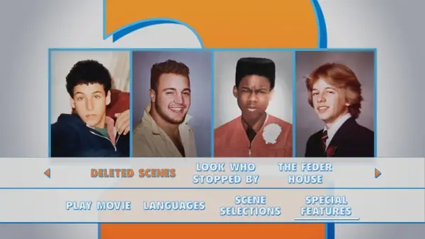 Młode twarze z obsady "Jeszcze większe dzieci" na menu DVD: Adam Sandler, Kevin James, Chris Rock i David Spade.
