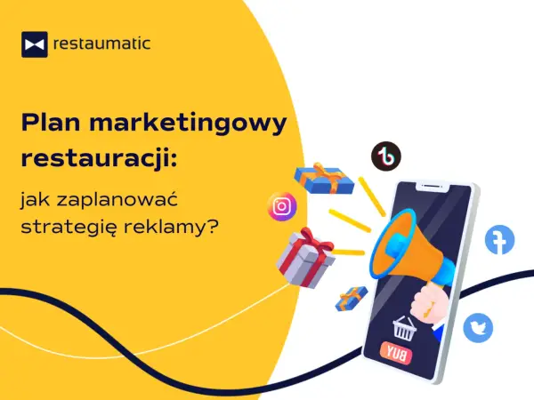 Plan marketingowy restauracji: jak zaplanować strategię reklamy? Grafika pokazuje telefon z głośnikiem, prezenty i ikony mediów społecznościowych.