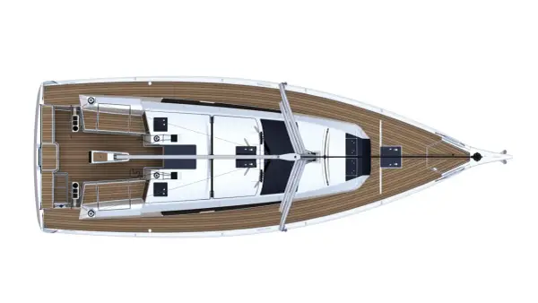 Vue aérienne d'un voilier Dufour 390. La fiche technique de ce bateau de plaisance est détaillée.