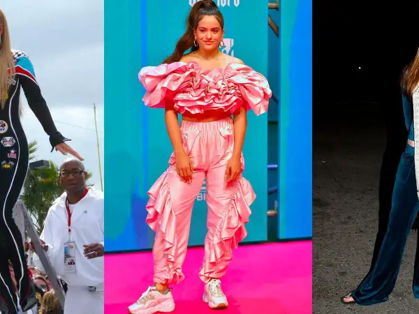 Tres mujeres muestran cómo vestir con chándal: un mono de carreras, un conjunto rosa voluminoso y un traje de terciopelo azul.