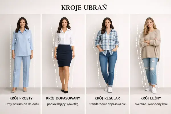 Cztery kobiety prezentują różne kroje ubrań: prosty, dopasowany, regular i luźny. Dowiedz się, jak ubierać się elegancko, dopasowując styl do swojej sylwetki.