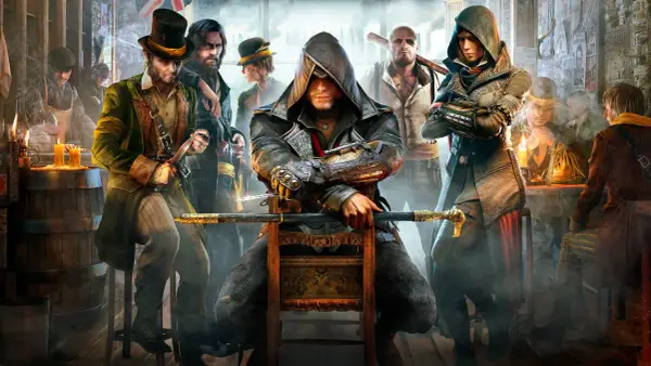 Postacie z Assassin's Creed Syndicate w wiktoriańskim pubie.