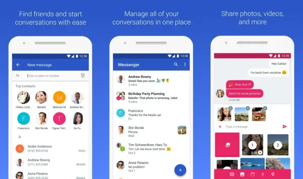 Ekran aplikacji do obsługi wiadomości Google SMS. Widok listy kontaktów, listy konwersacji i okna czatu z możliwością wysyłania zdjęć.