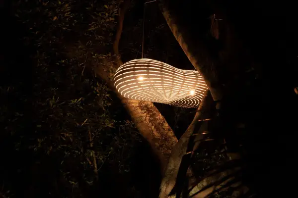 Lámpara colgante de bambú iluminada, suspendida entre árboles oscuros.