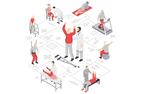 Ilustracja izometryczna przedstawiająca rehabilitację seniorów: ćwiczenia, fizjoterapia, sprzęt.