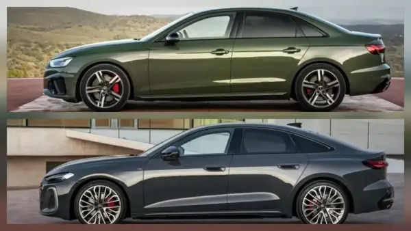 Dwa eleganckie sedany Audi: zielony na tle gór i ciemnoszary przy nowoczesnym budynku.