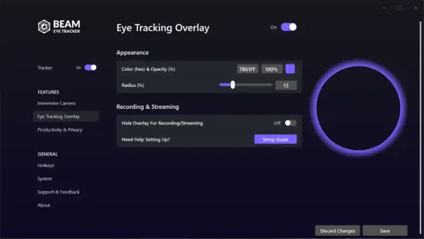 Ustawienia nakładki Eye Tracking Overlay. Możesz dostosować kolor, promień i ukryć nakładkę podczas nagrywania.