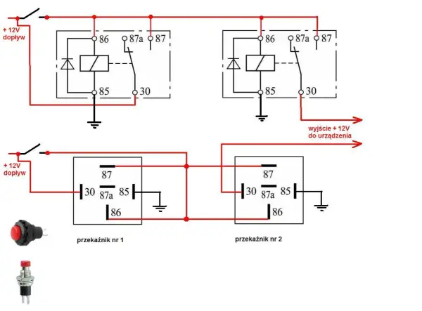 Schemat instalacji elektrycznej z przekaźnikami, podobny do tego w Skoda Octavia 2, z opisem bezpieczników i podłączeń.