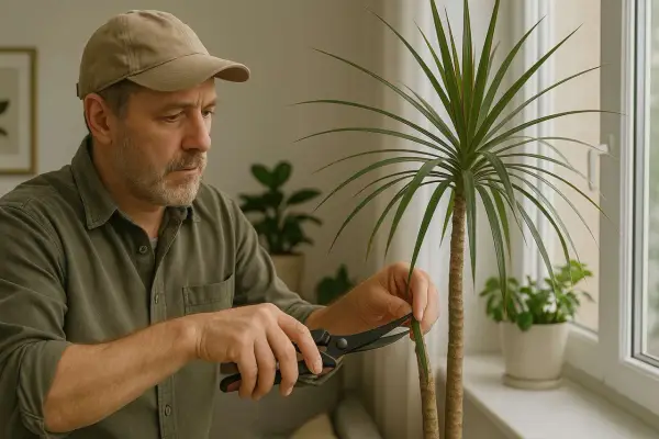Mann mit Kappe schneidet mit Schere einen Drachenbaum. Er pflegt seine Zimmerpflanzen sorgfältig.