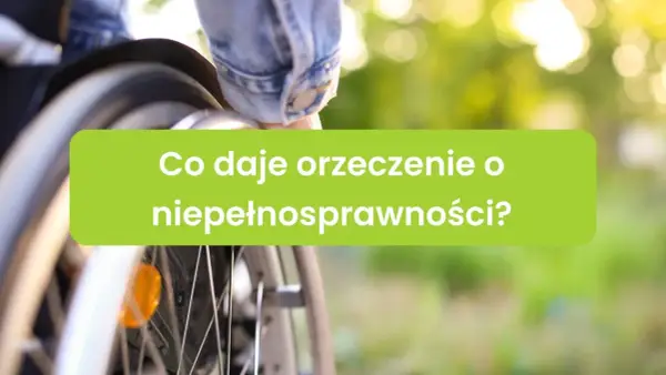 Osoba na wózku inwalidzkim, z zielonym napisem "Co daje orzeczenie o niepełnosprawności?".