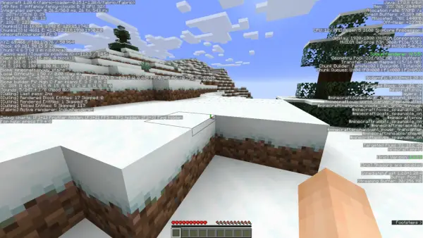 Śnieżny krajobraz w Minecrafcie, z widocznymi informacjami o wydajności i modach, w tym o **sodium** renderer.