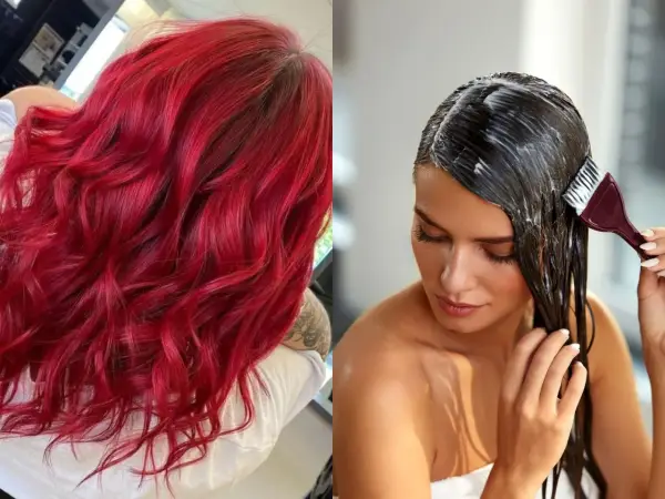 Cabello vibrante rojo intenso y una mujer aplicándose un tratamiento capilar. Un antes y después de un baño de color.