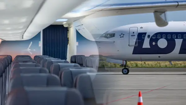 Wnętrze samolotu LOT z rzędami siedzeń i widok zewnętrzny samolotu Boeing 737 MAX 8 na płycie lotniska.