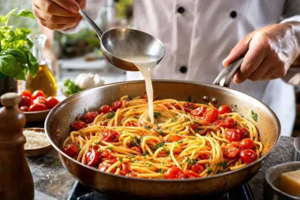 Un chef ajoute du bouillon à des spaghetti aux tomates cerises, un plat typique des recettes pâtes italiennes traditionnelles.