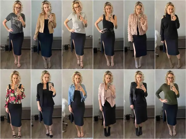 Kobieta prezentuje 12 stylizacji z czarną sukienką. Pokazuje, co do sukienki na wierzch, od kurtek po swetry i bluzki.