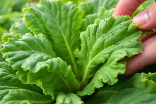 Puceron choux : une main examine une feuille verte infestée de petits insectes noirs. Un traitement naturel est peut-être nécessaire.