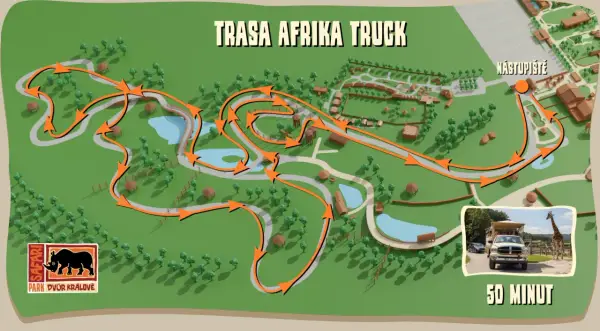 Mapa trasy "Afrika Truck" w Safari Parku Dvůr Králové. Pomarańczowe strzałki wskazują drogę przez teren parku, gdzie można zobaczyć zwierzęta.