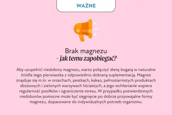 Grafika informuje o tym, jak zapobiegać brakowi magnezu. Wskazuje na dietę bogatą w orzechy, kakao i warzywa.