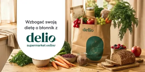 Wzbogać dietę o błonnik z Delio! Torba pełna świeżych warzyw, owoców i pieczywa.