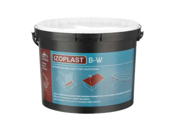 Czarny wiaderko z etykietą "IZOPLAST B-W" i grafikami przedstawiającymi izolację fundamentów i dachu.