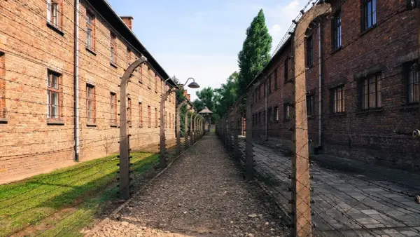 Ścieżka między ceglanymi budynkami, otoczona drutem kolczastym, prowadzi do wieży strażniczej. Miejsce pamięci Auschwitz Birkenau Museum.