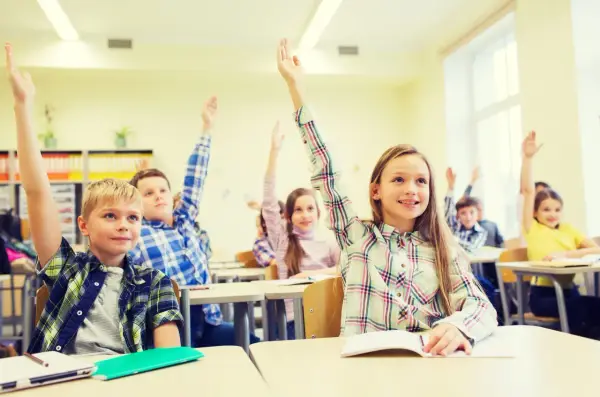 Engagierte Schüler im Unterricht heben eifrig die Hände.