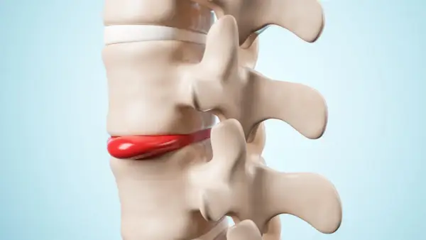 Model kręgosłupa z widoczną czerwoną, wypukłą strukturą, która symbolizuje przepuklinę kręgosłupa.