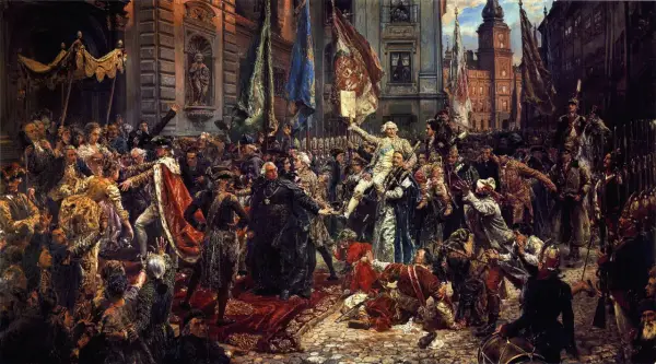 Obraz Jana Matejki, jednego z najwybitniejszych polskich malarzy, przedstawia uroczyste przyjęcie króla Stanisława Augusta Poniatowskiego.