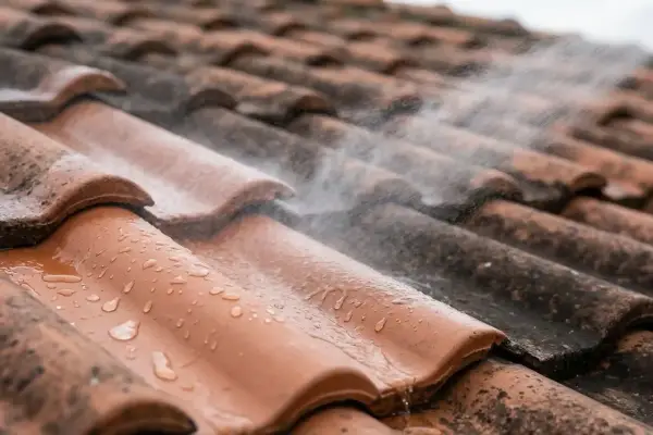 Jet d'eau sur des tuiles de toit, certaines propres, d'autres sales. Faut-il imperméabiliser les tuiles pour éviter cela ?