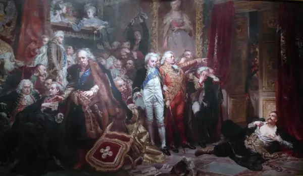 Obraz Jana Matejki "Rejtan – Upadek Polski". Dramatyczna scena protestu Tadeusza Rejtana przeciwko Sejmowi Rozbiorowemu.
