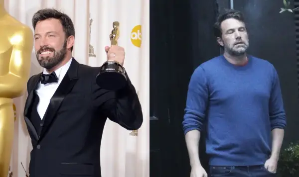 Ben Affleck z Oscarem i Ben Affleck w niebieskim swetrze. Ciekawe, ile lat ma Ben Affleck, patrząc na te zdjęcia.
