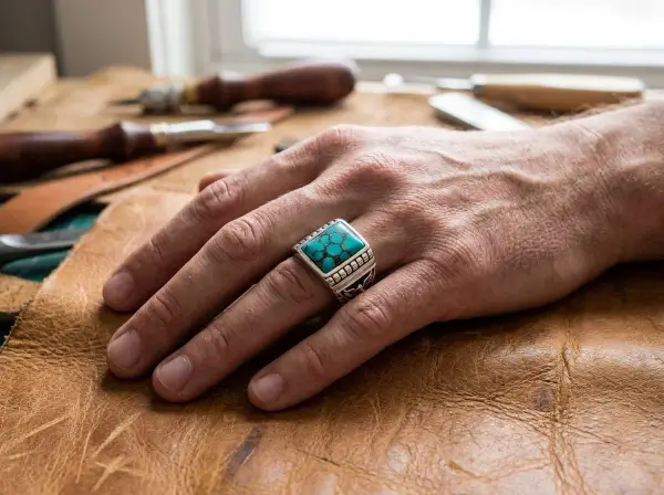 Anello uomo con pietra turchese, simbolo di protezione e saggezza.