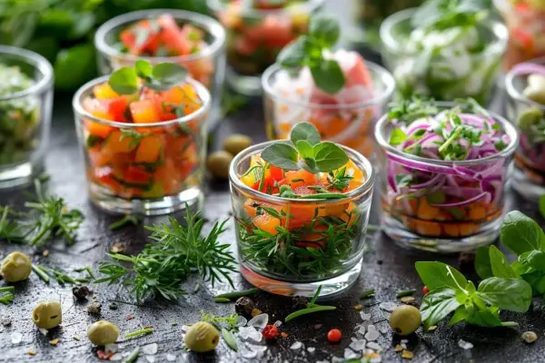 Petits verres de légumes colorés, parfaits pour une recette tapas gastronomique. Fraîcheur et couleurs vives pour un apéritif raffiné.