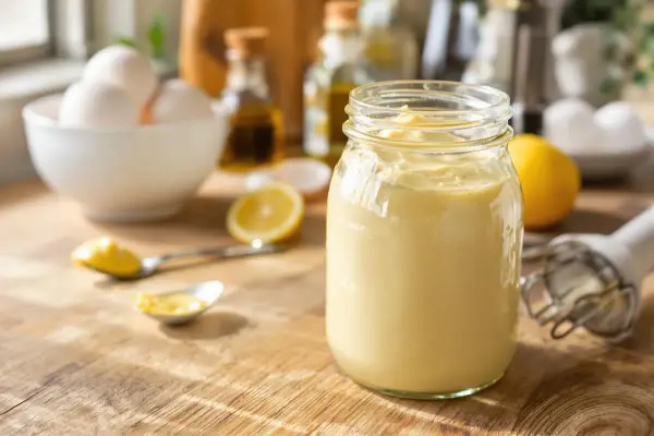Un pot de mayonnaise maison crémeuse, avec des œufs, du citron et de l'huile sur une table en bois.