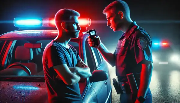Policjant bada kierowcę alkomatem. Czy można odmówić badania alkomatem? Nie, w tej sytuacji nie można odmówić.