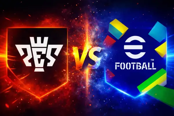 Logo PES kontra eFootball. Dwa światy piłkarskich gier w starciu.