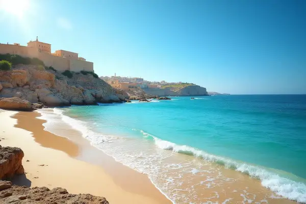 Piękna plaża z turkusową wodą i klifami, na których widać zabudowania. Czy to Cypr czy Malta?
