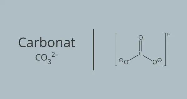 Das **Carbonat**-Ion (CO₃²⁻) mit seiner Lewis-Struktur, die ein zentrales Kohlenstoffatom zeigt, das doppelt an ein Sauerstoffatom und einfach an zwei weitere Sauerstoffatome gebunden ist, die jeweils eine negative Ladung tragen.