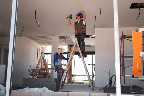 Dwaj budowlańcy pracują przy suficie. Czy jest ulga na remont mieszkania?